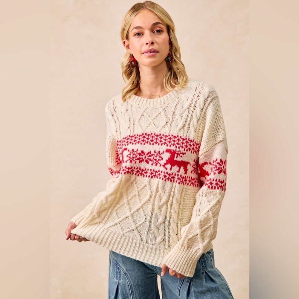 ⚡️ 📦 BiBi “ Nordic Nights “ Cableknit Fair Isle Sweater | Cream - Picture 3 of 10